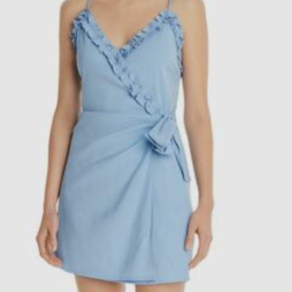 LOST + WANDER Blue Ruffled Wrap Tie Dress